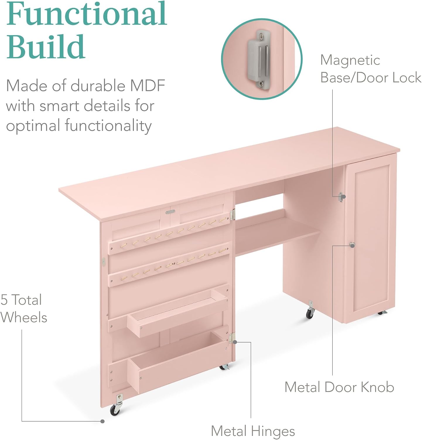 Best Choice Products Large Folding Sewing Table, Multipurpose Portable Craft Station & Side Desk w/Compact Design, Caster Wheels, Storage Shelves, 2 Storage Trays, Magnetic Doors - Pink