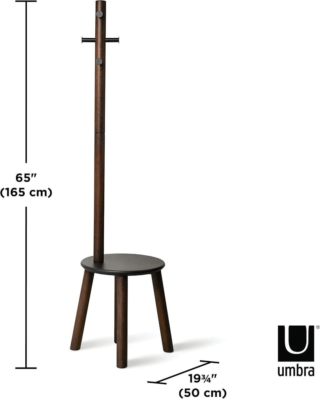 Umbra Pillar Coat Rack, Stool, Clothing Organizer, Umbrella Holder and Hat Organizer, Great for Entryway, Black/Walnut
