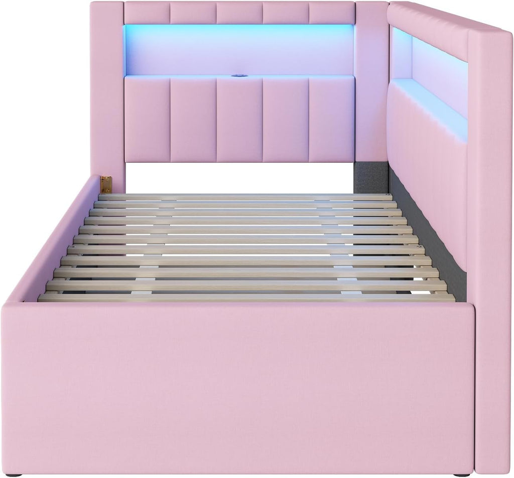 L-Shaped Upholstered Daybed with Trundle and USB Ports & LED,Day Bed with Storage Shelves Headboard,Sleeper Sofa Couch for Living Room-Twin Size,Pink