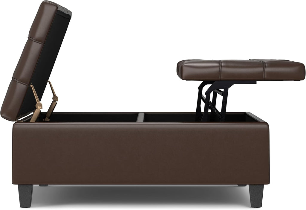 SIMPLIHOME Harrison Large Coffee Table Storage Ottoman - 40 inch Wide Upholstered Vegan Leather Square Lift-Top Ottoman in Chocolate Brown, Transitional Bench for Living Room with Sturdy Base