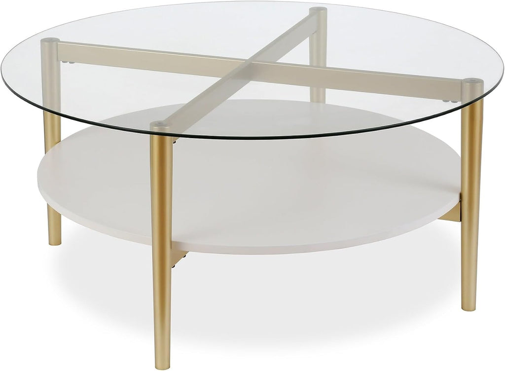 Otto 36'' Wide Round Coffee Table with MDF Shelf in Brass/White Lacquer