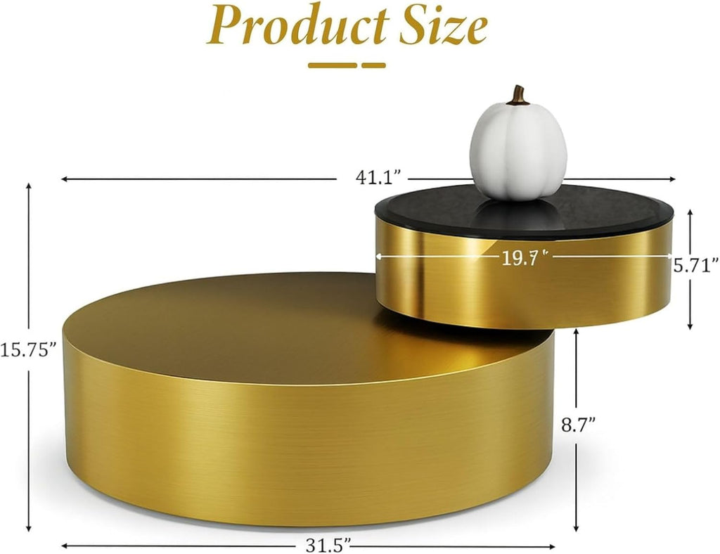 41 Inch Round Rotating Coffee Table with 360 Degree Swivel Top and 2 Tier Design, Brushed Brass Stainless Steel Frame with Black Tempered Glass, Modern Center Table for Living Room or Office