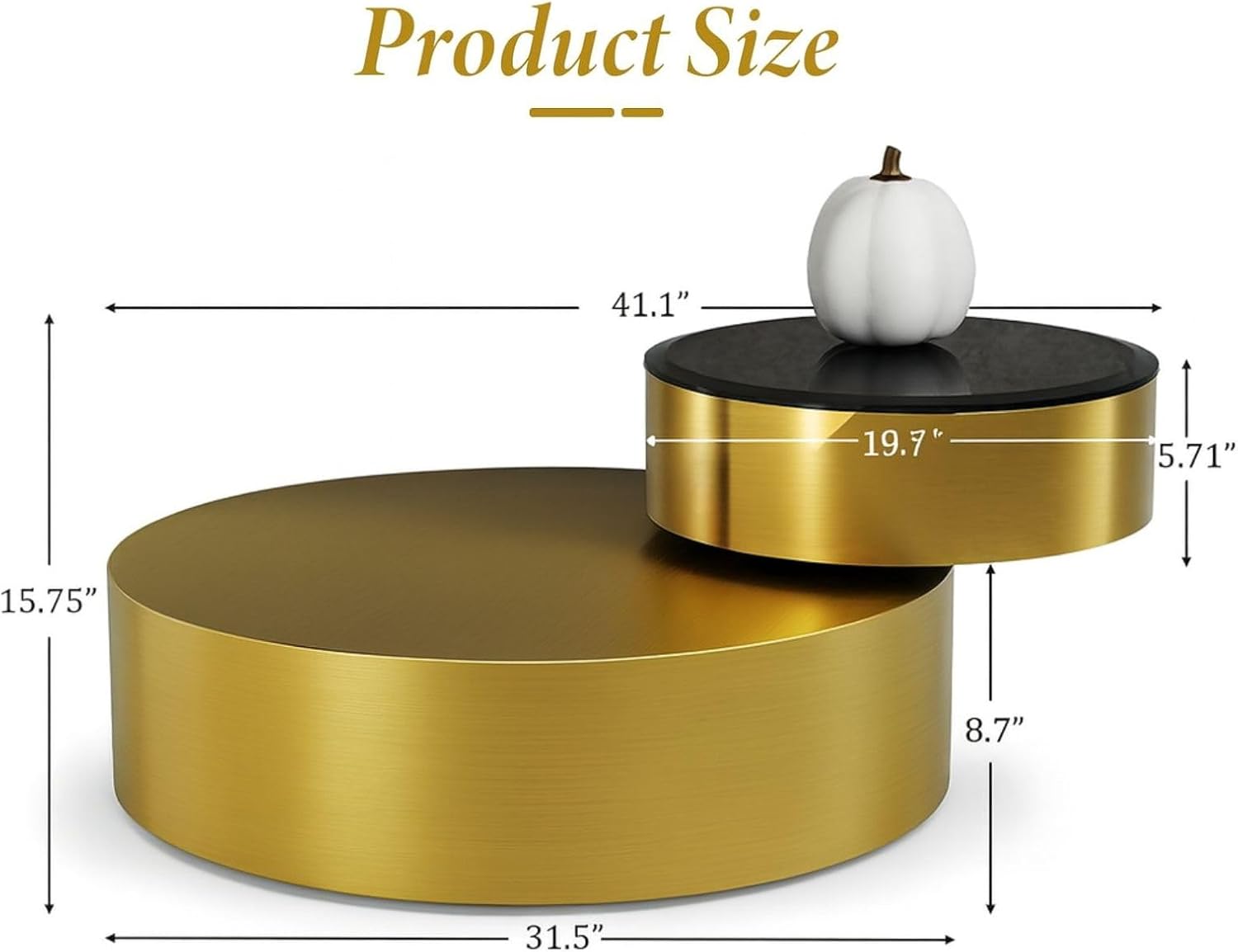 41 Inch Round Rotating Coffee Table with 360 Degree Swivel Top and 2 Tier Design, Brushed Brass Stainless Steel Frame with Black Tempered Glass, Modern Center Table for Living Room or Office