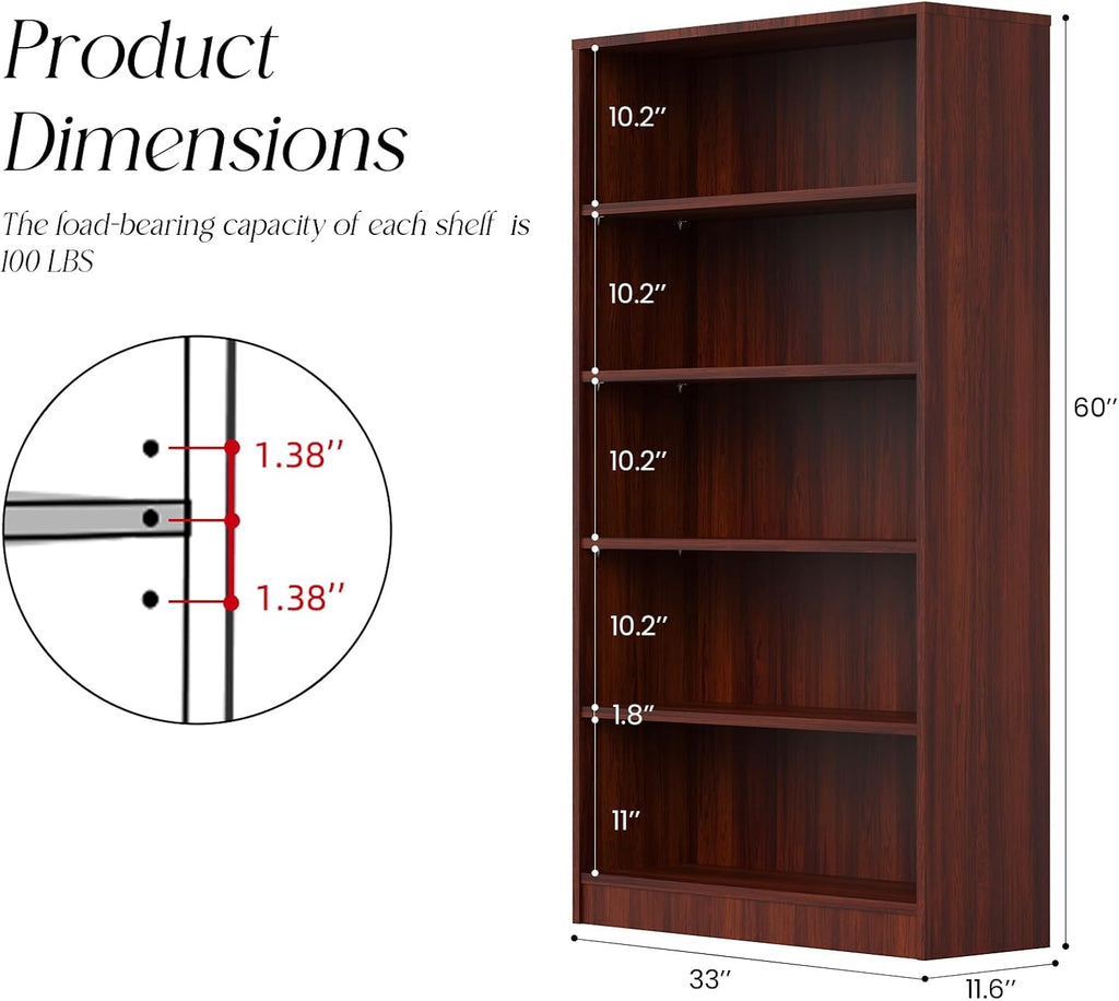 Farini 60 Inch Tall 5-Shelf Bookcase, Wood Bookshelf Storage Organizer Adjustable Shelf for Home Office, Study Room, Easy Assembly,Mahogany