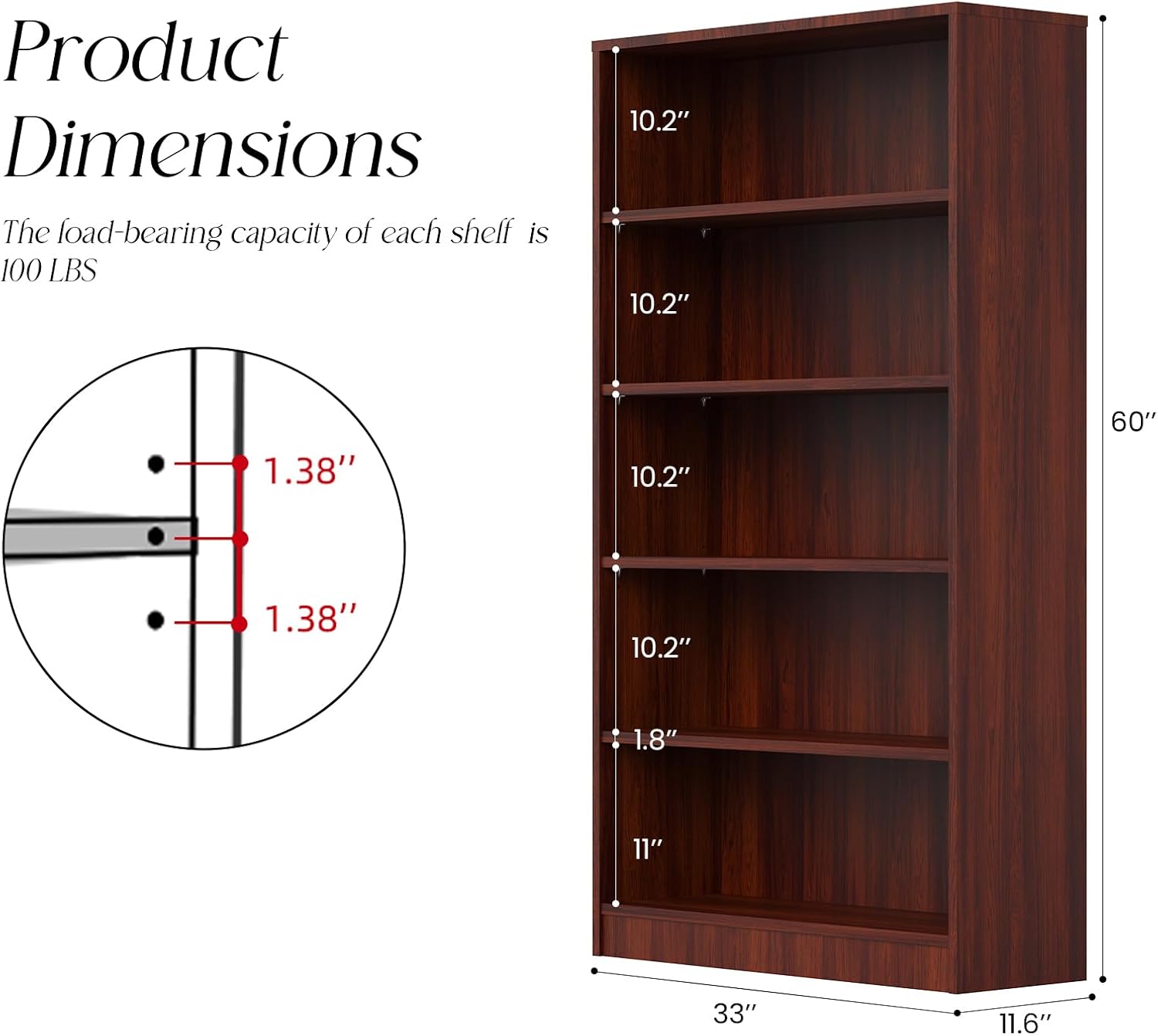 Farini 60 Inch Tall 5-Shelf Bookcase, Wood Bookshelf Storage Organizer Adjustable Shelf for Home Office, Study Room, Easy Assembly,Mahogany