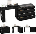 Black L Shaped Vanity Desk with LED Lighted Glass Top, Extendable Makeup Desk with 8 Drawers, 3 Open Shelves & Power Outlets, Corner Dressing Table for Bedroom