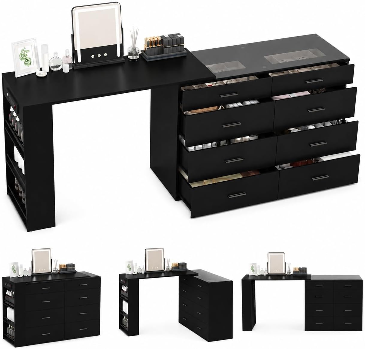 Black L Shaped Vanity Desk with LED Lighted Glass Top, Extendable Makeup Desk with 8 Drawers, 3 Open Shelves & Power Outlets, Corner Dressing Table for Bedroom