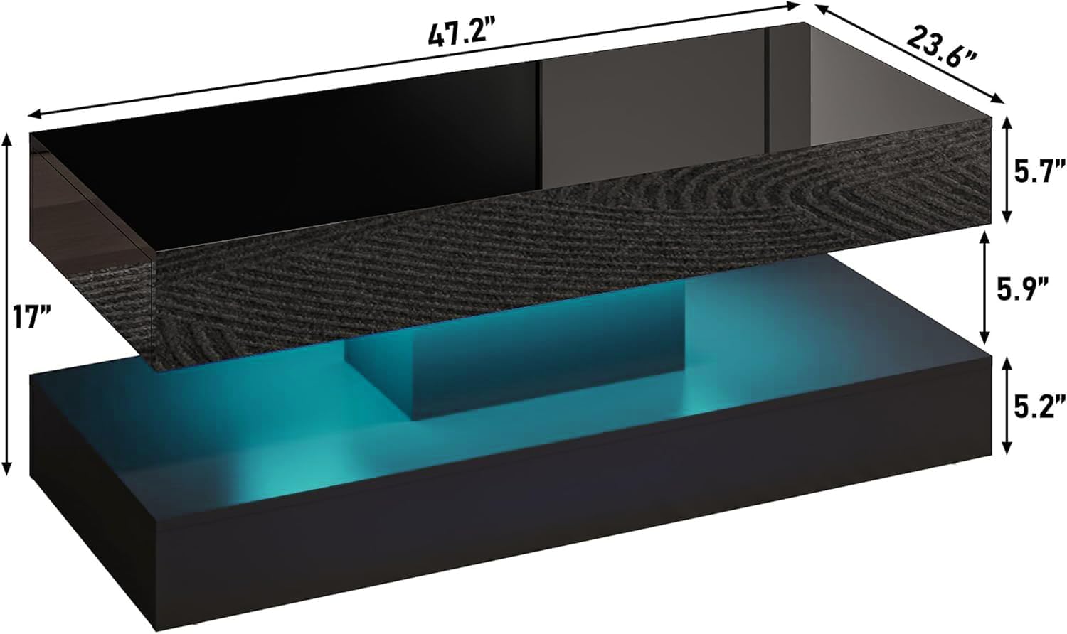47.2' Modern High Glossy LED Coffee Table with 2 Sliding Storage Drawers, Black Living Room Tables for Living Rooms,Dining Room,Bedroom Home Office,APP LED Lights(Black)
