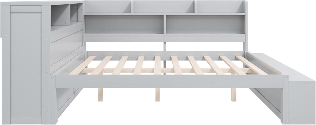 RuiSiSi Full Size Corner Bed with Bookcase, L-Shaped Daybed with Shoe Cabinets & USB Ports, Wood Full Corner Daybed Frame for Kids Teens Guest Room Bedroom, Grey