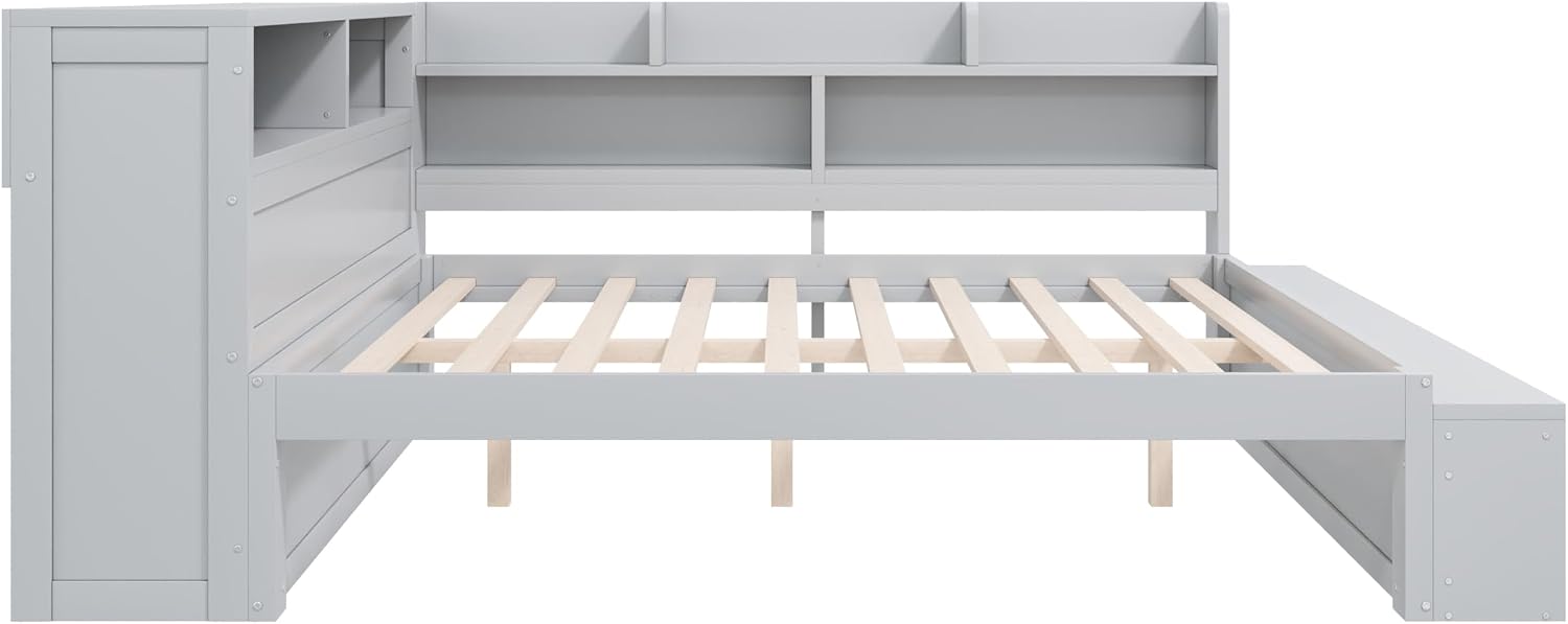 RuiSiSi Full Size Corner Bed with Bookcase, L-Shaped Daybed with Shoe Cabinets & USB Ports, Wood Full Corner Daybed Frame for Kids Teens Guest Room Bedroom, Grey