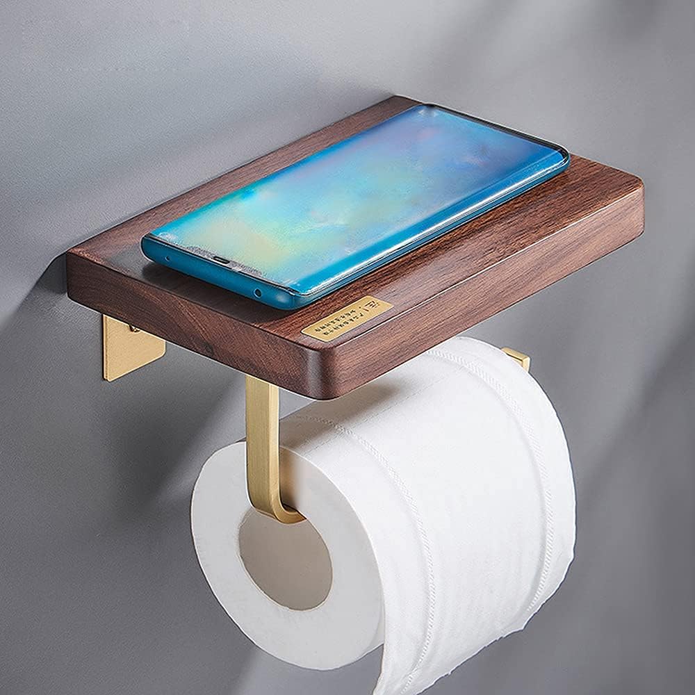 Towel Bar Toilet Roll Holder Wall Mounted Paper Holder, Walnut Wood Tissue Holder with Spacious Shelf,Used for Kitchen and Bathroom