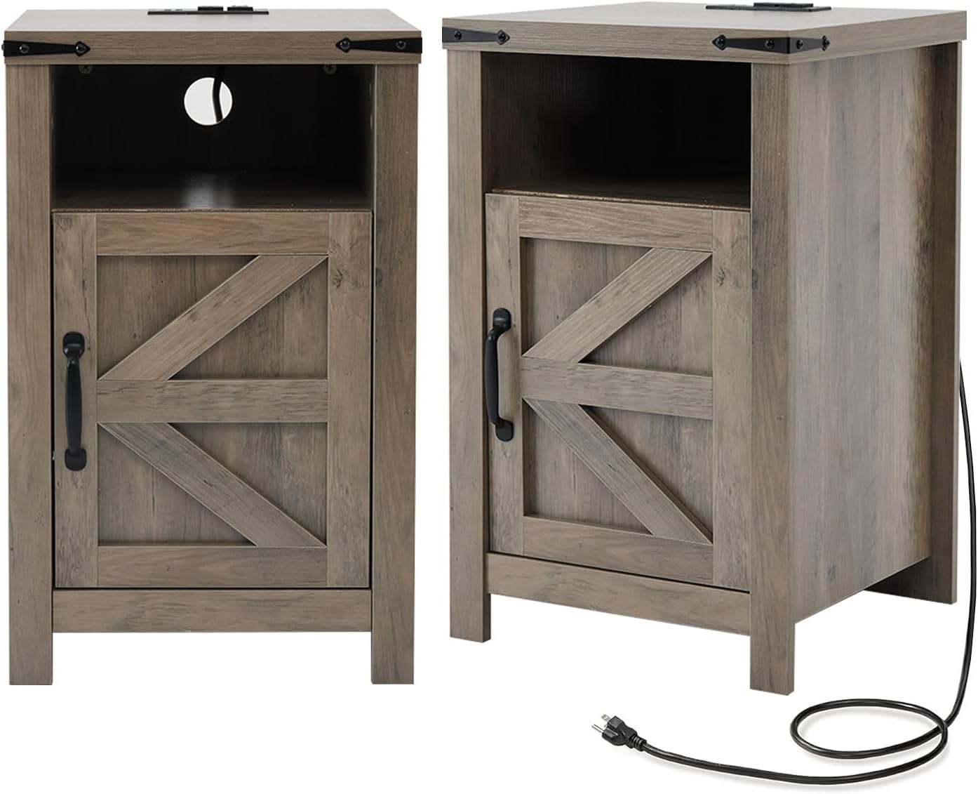Farmhouse Nightstand Set of 2 with Charging Station, Modern Bedside Table with Barn Door and Shelf, Sofa Side Table End Table for Bedroom, Living Room, Grey