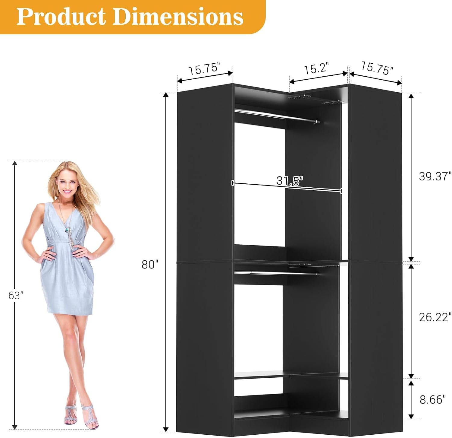 Homieasy Corner Closet System Modular with Upper & Lower Hanging Areas and Shoe Shelf, Corner Wardrobe Organizer, Easy Assembly, Anti-Tip Design, Perfect for Bedroom or Walk-In Closet, Black1