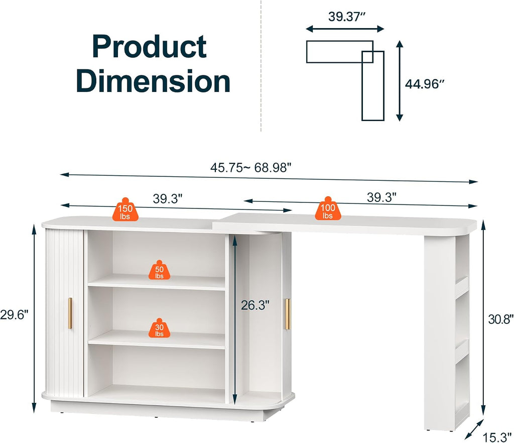 RoyalCraft 68' Extendable Makeup Vanity Desk, Modern L-Shaped Corner Vanity Desk with Silding Door, White Fluted Makeup Table with Curved Desktop and Adjustable Shelf, Wood Dressing Table for Bedroom