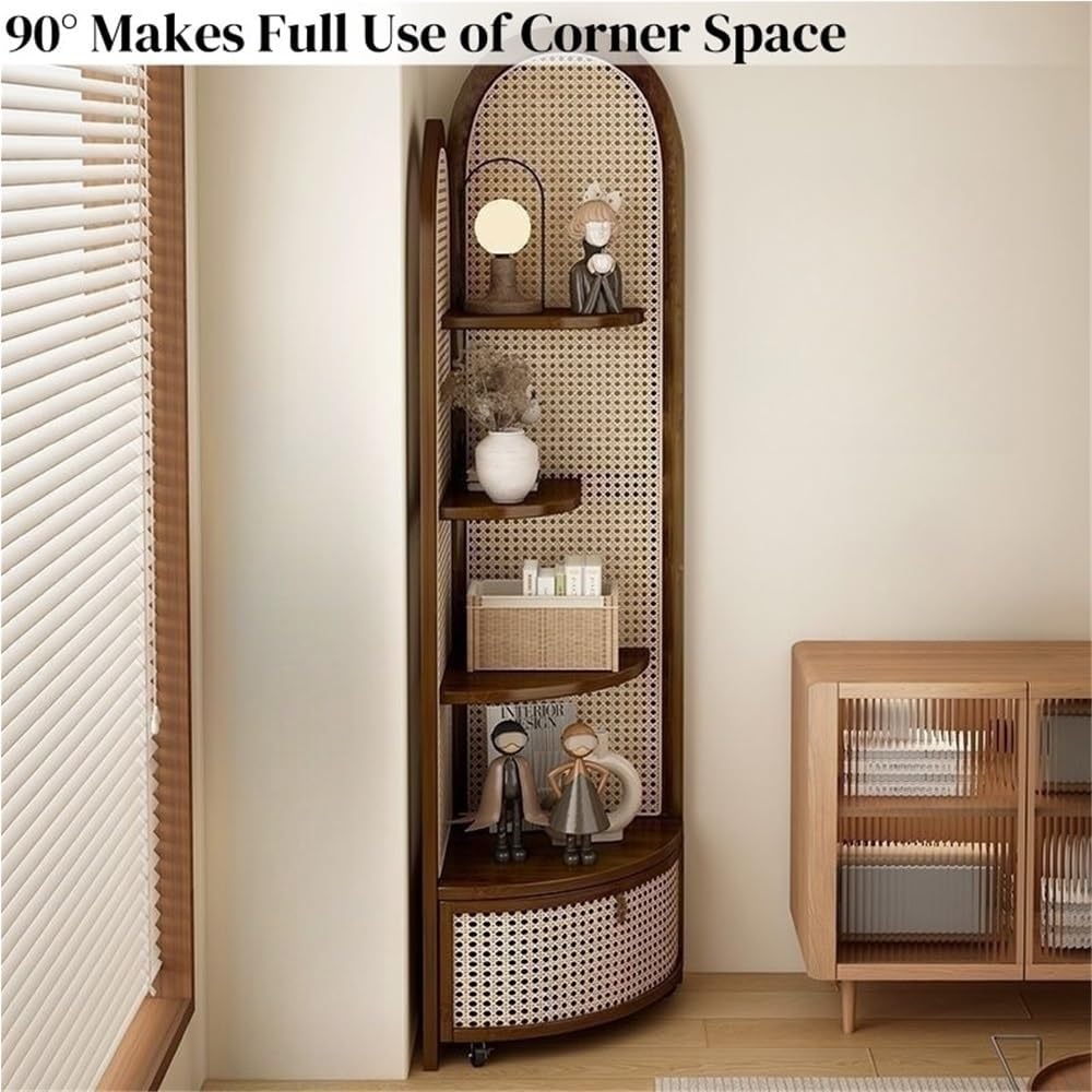 5 Tier Corner Shelf with Pulley, Rattan Bookshelf, Standing Shelf Organizer with Storage Basket, Minimalist Corner Display for Living Room, Bedroom, Office(Khaki)