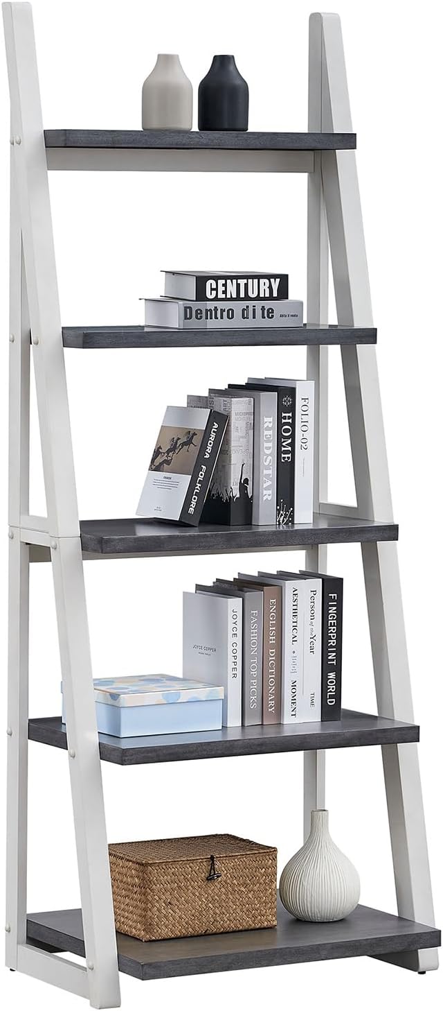 Ladder Shelf, 5-Tier Bookshelf Bookcase, Freestanding Corner Storage Shelves with Wood Frame for Home Office, Living Room, Kitchen, Bedroom, Grey+White