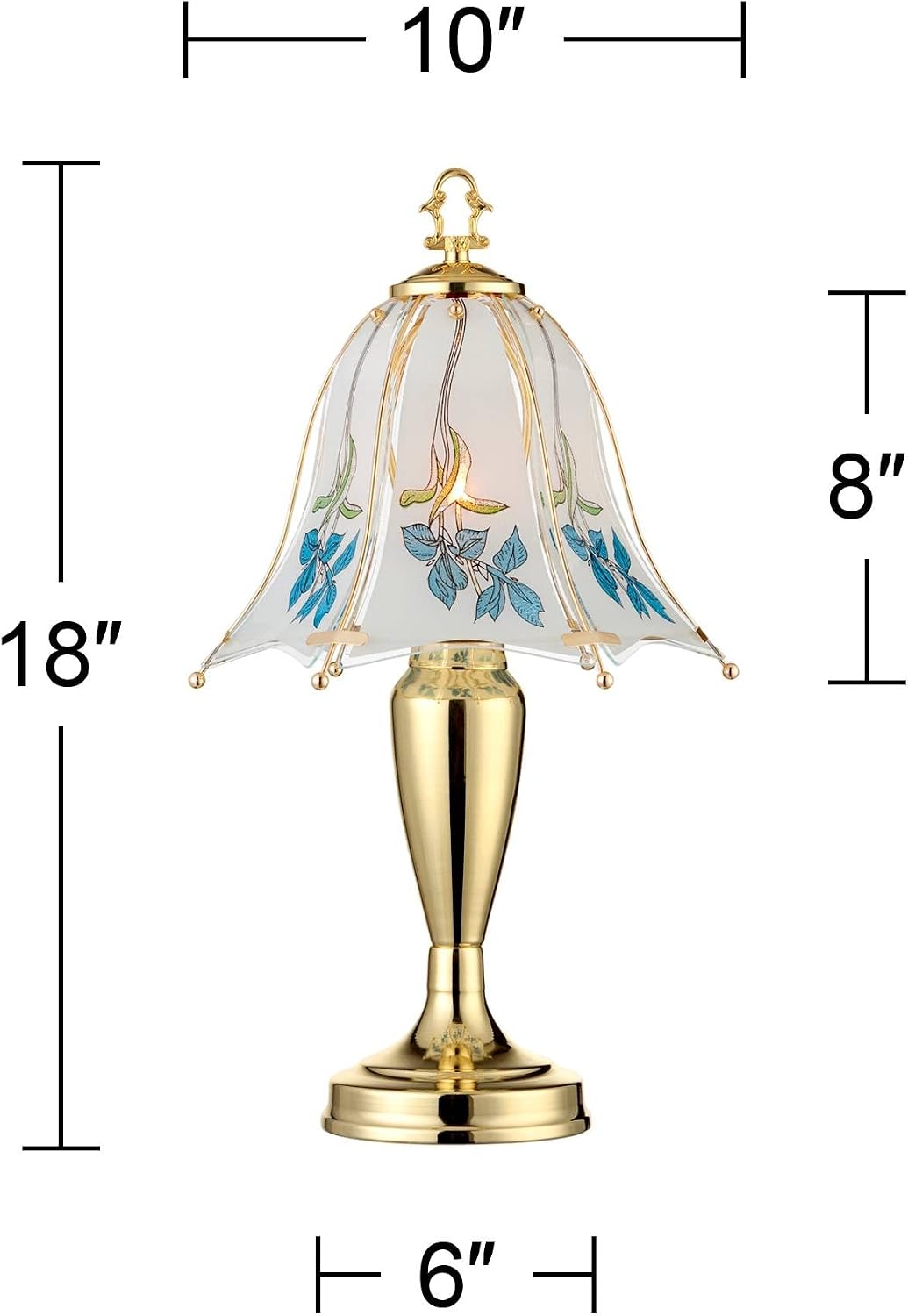 Regency Hill Blue Flower Traditional Accent Table Lamps 18' High Set of 2 Classic Brass Gold Printed Glass Shade Touch On Off for Living Room Bedroom House Bedside Nightstand Home Office