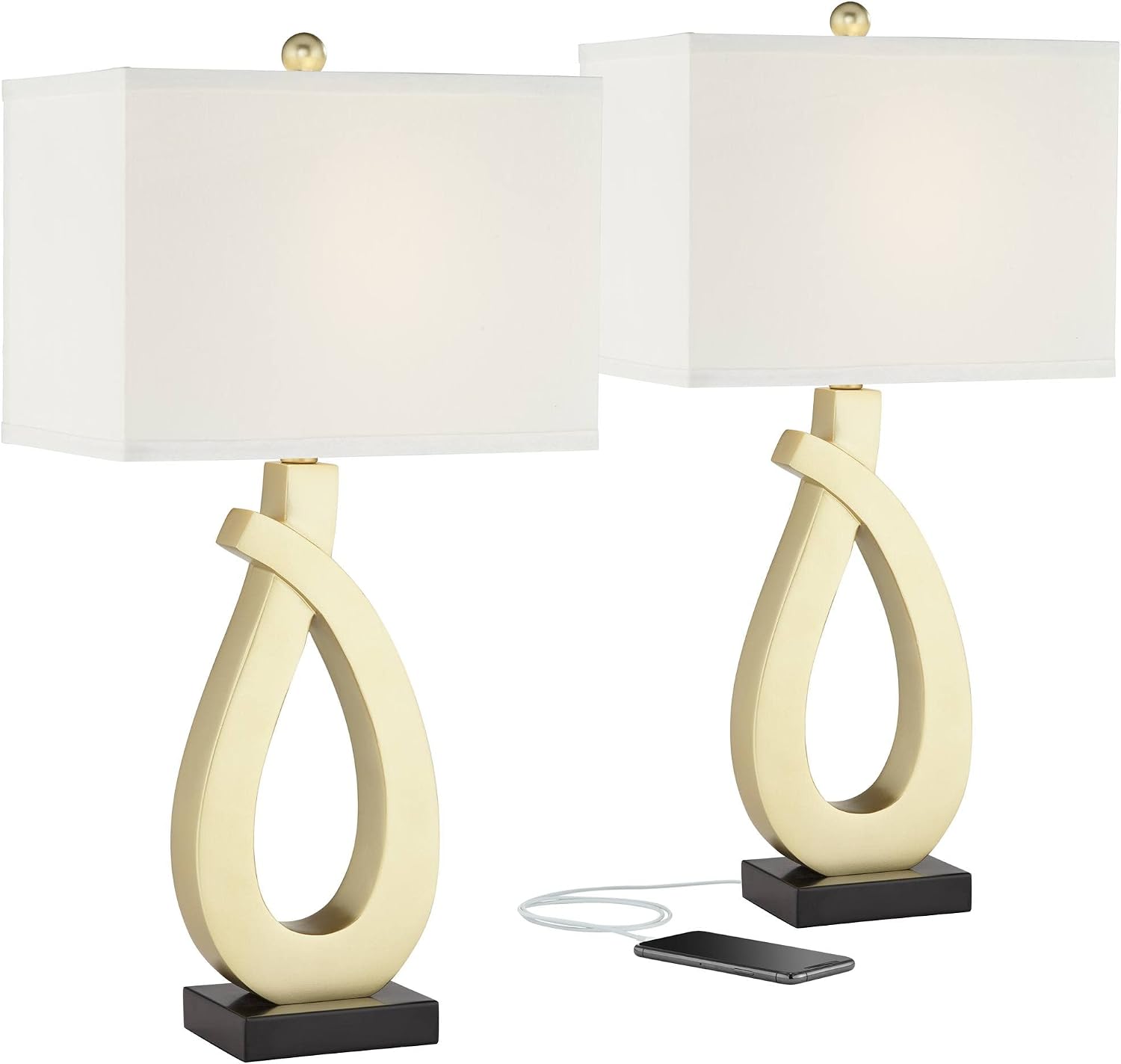 360 Lighting Simone 28' Tall Set of 2 Modern Table Lamps with USB Ports A+C Charging Sculptural Gold Metal White Rectangular Shade Decor Living Room Bedroom House Bedside Nightstand Home Office