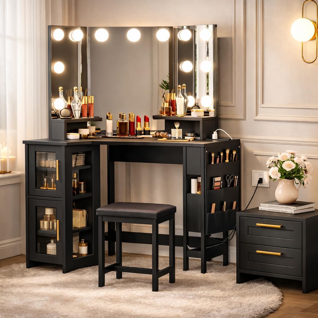 IDEALHOUSE Vanity Desk with Mirror and Lights, 3-Fold Vanity Mirror with Lights Makeup Vanity with Charging Station, Corner Vanity with Acrylic Door Cabinet, Hanging Storage Bag & Stool, Black