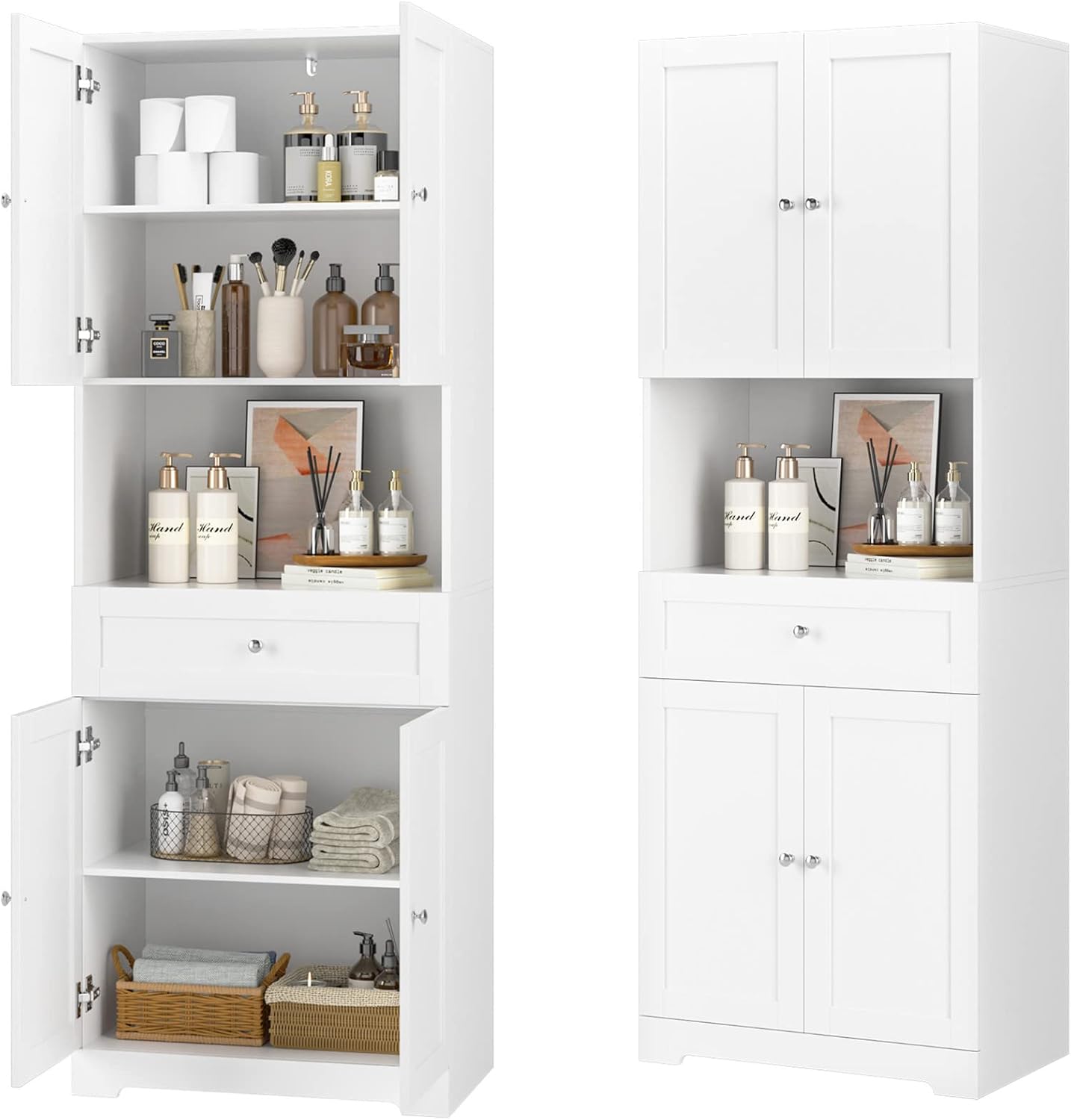 Tall Bathroom Storage Cabinets with Drawer, Modern Linen Cabinet with Doors & Shelves, 67'H Tall Storage Cabinet Freestanding for Bathroom, Dining Room, Kitchen & Pantry, Laundry, Narrow Corner, White