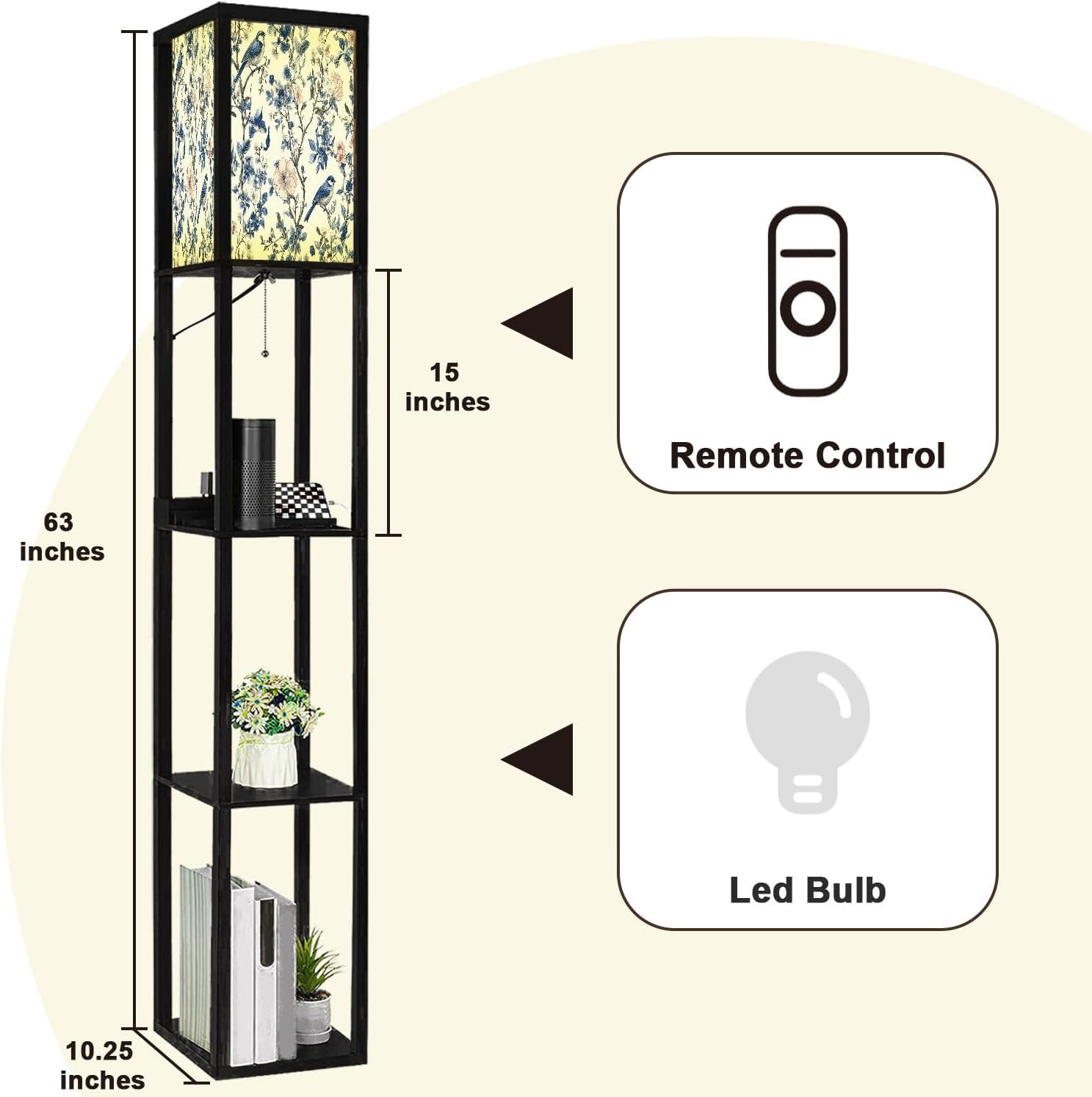 Floor Lamp with Shelves Toile De Jouy Vintage Floral Seamless Pattern 13 Featuring delicate Standing Tall Lamp USB Ports & Power Outlet Modern Corner Lamp Nightstand Light for Living Room Bedroom