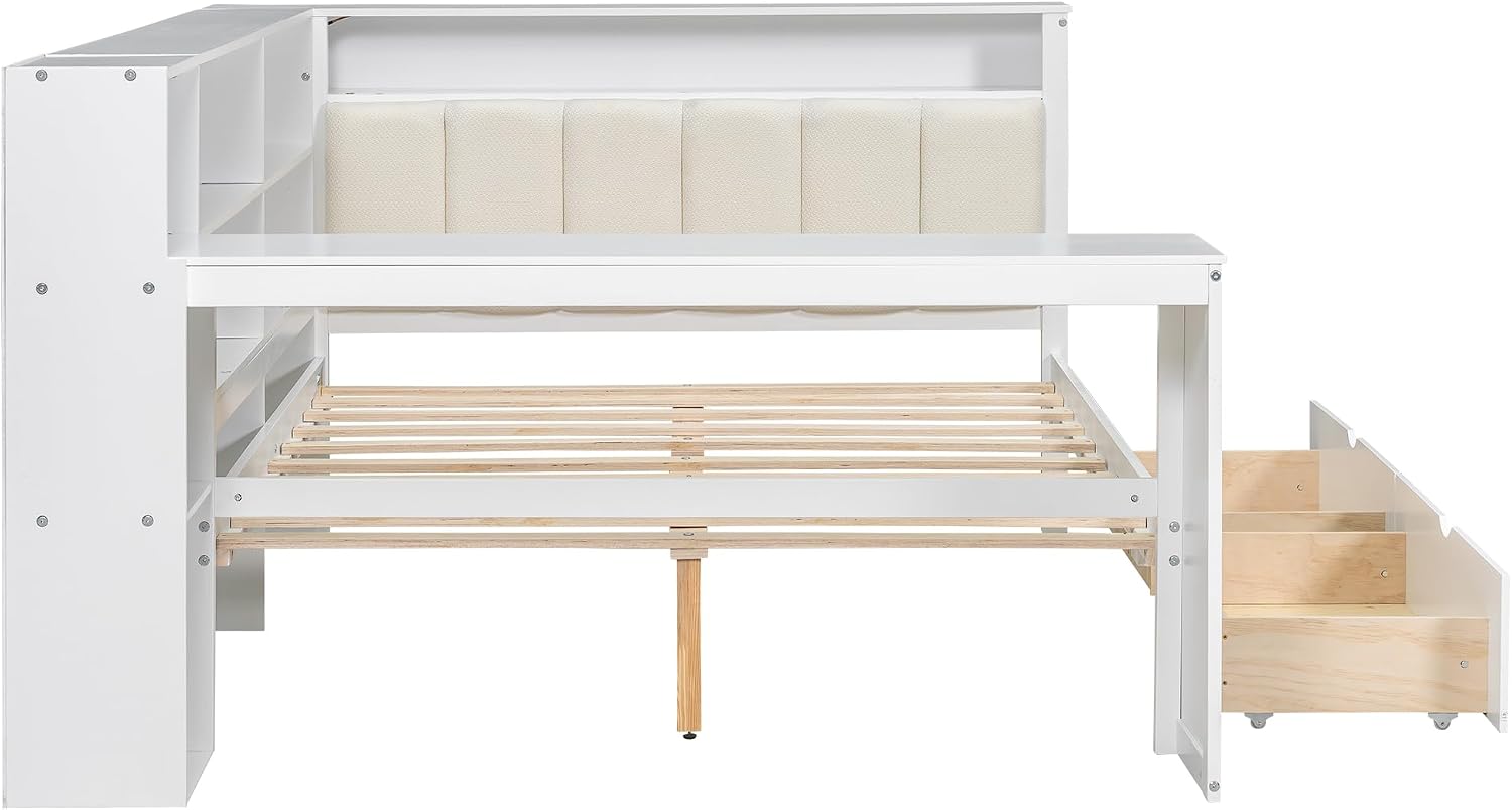 Wood Full Size Daybed with Storage Shelves and Desk, L-Shaped Corner Platform Bed Frame with Upholstered Headboard and 2 Drawers for Office Living Room Bedroom, Space-saving (White-7.16, Full)