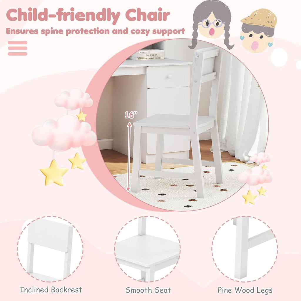 HONEY JOY Kids Desk and Chair Set, Large Wooden Children School Study Table and Chair w/Drawer, Hutch, Storage Shelves, Student Writing Desk Computer Workstation for Bedroom, 7+ Years Old (White)