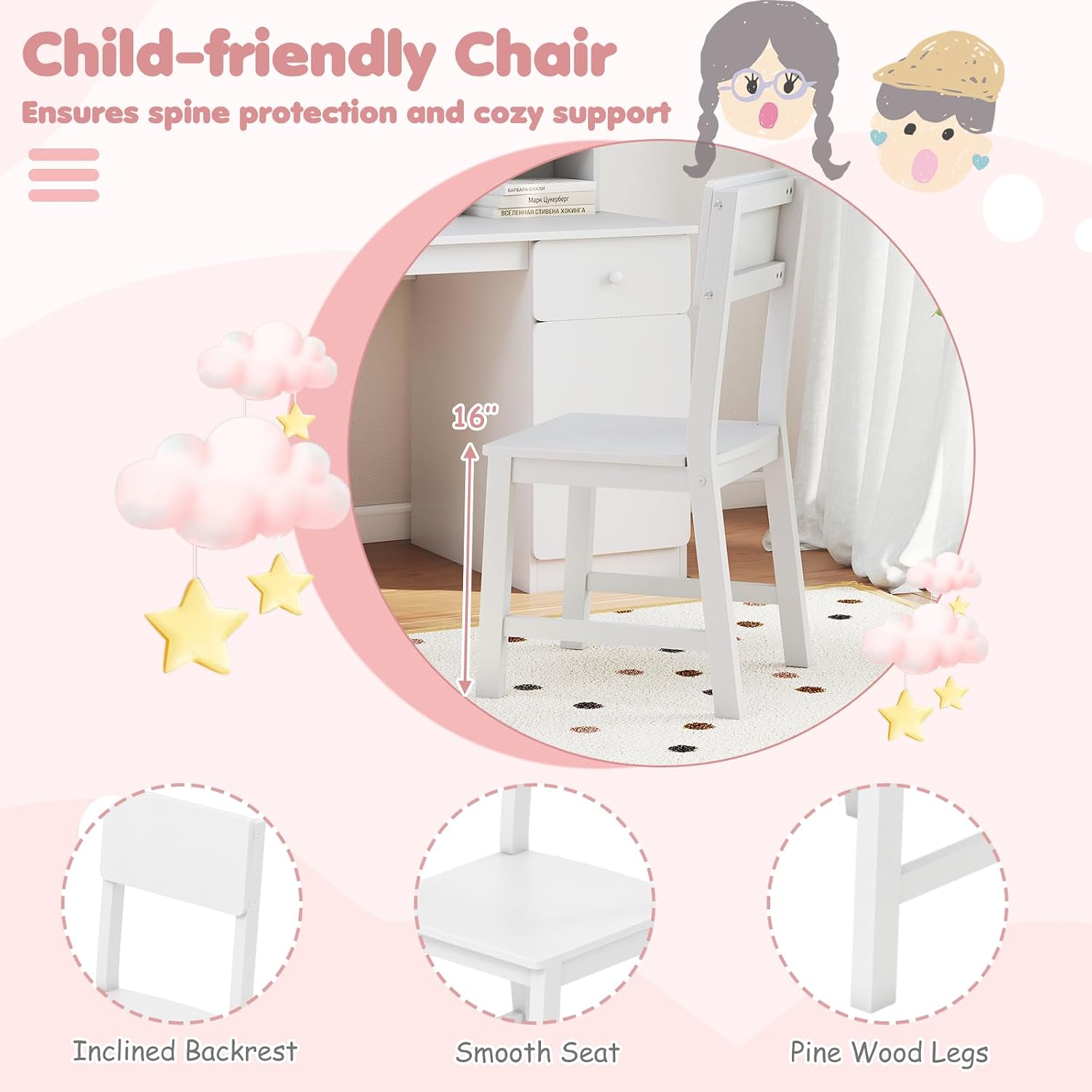 HONEY JOY Kids Desk and Chair Set, Large Wooden Children School Study Table and Chair w/Drawer, Hutch, Storage Shelves, Student Writing Desk Computer Workstation for Bedroom, 7+ Years Old (White)
