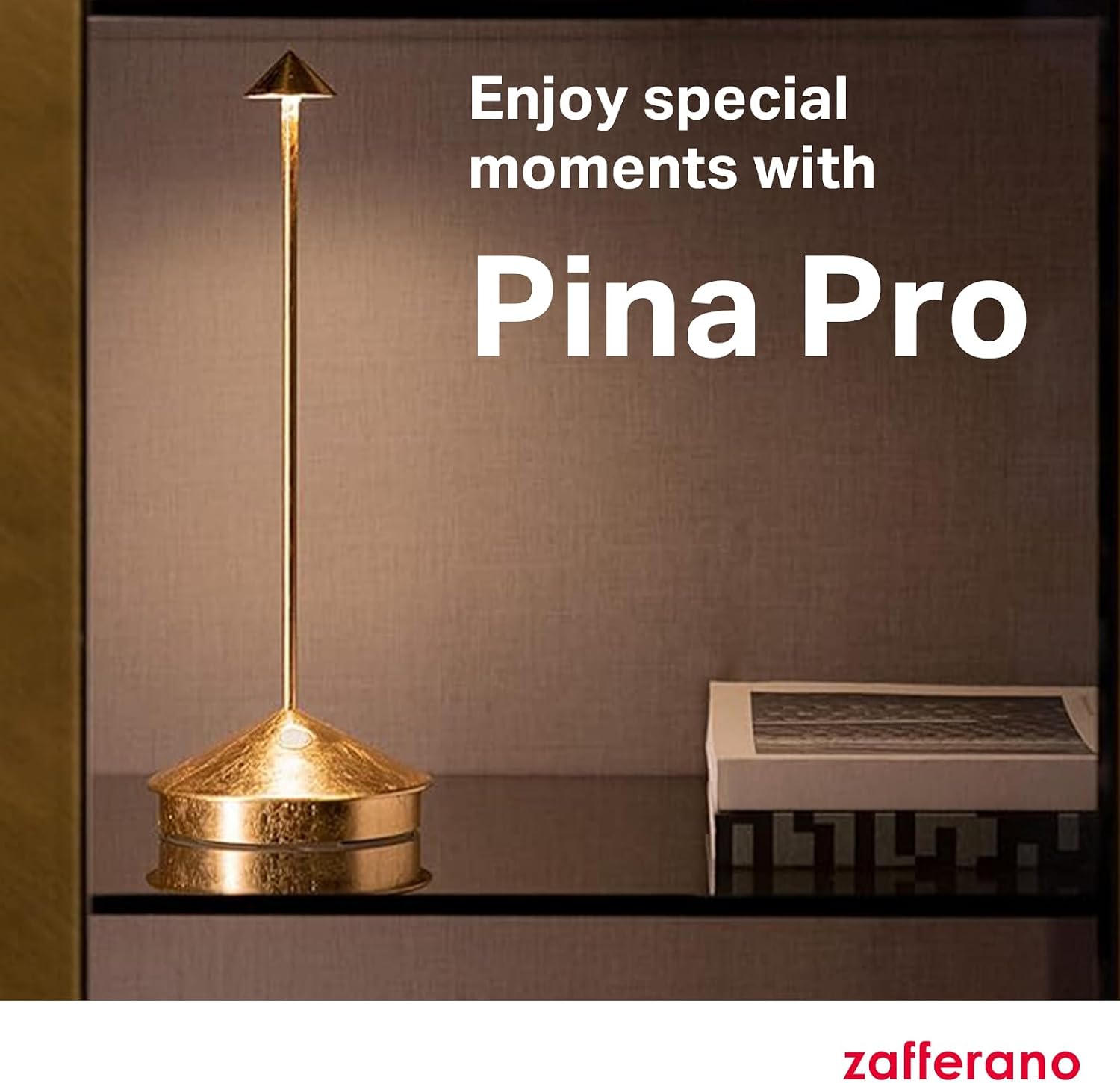 Zafferano, Pina Pro Lamp with Gold Leaf, Rechargeable Cordless Table Lamp with Touch Controls, Usable as an Indoor Lamp, Dimmer, 2200-3000 K, Height 11.4 Inches