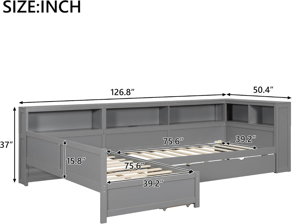 Merax Twin Size L-Shaped Platform Bed with Trundle, Corner Bed Frame with Charging Station, Storage Shelves, and Drawers, Wood Daybed for Bedroom, Guest Room,Grey
