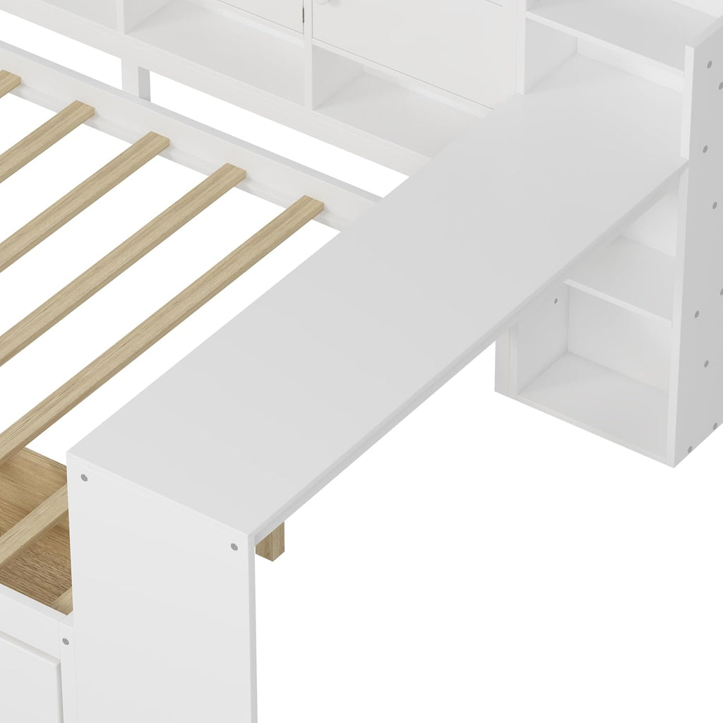 RuiSiSi Twin Size Daybed with Drawers and Shelves, Wood Corner Bed with Bookcase and Desk, L-Shape Daybed Frame with Desk for Kids Teens Adults, White