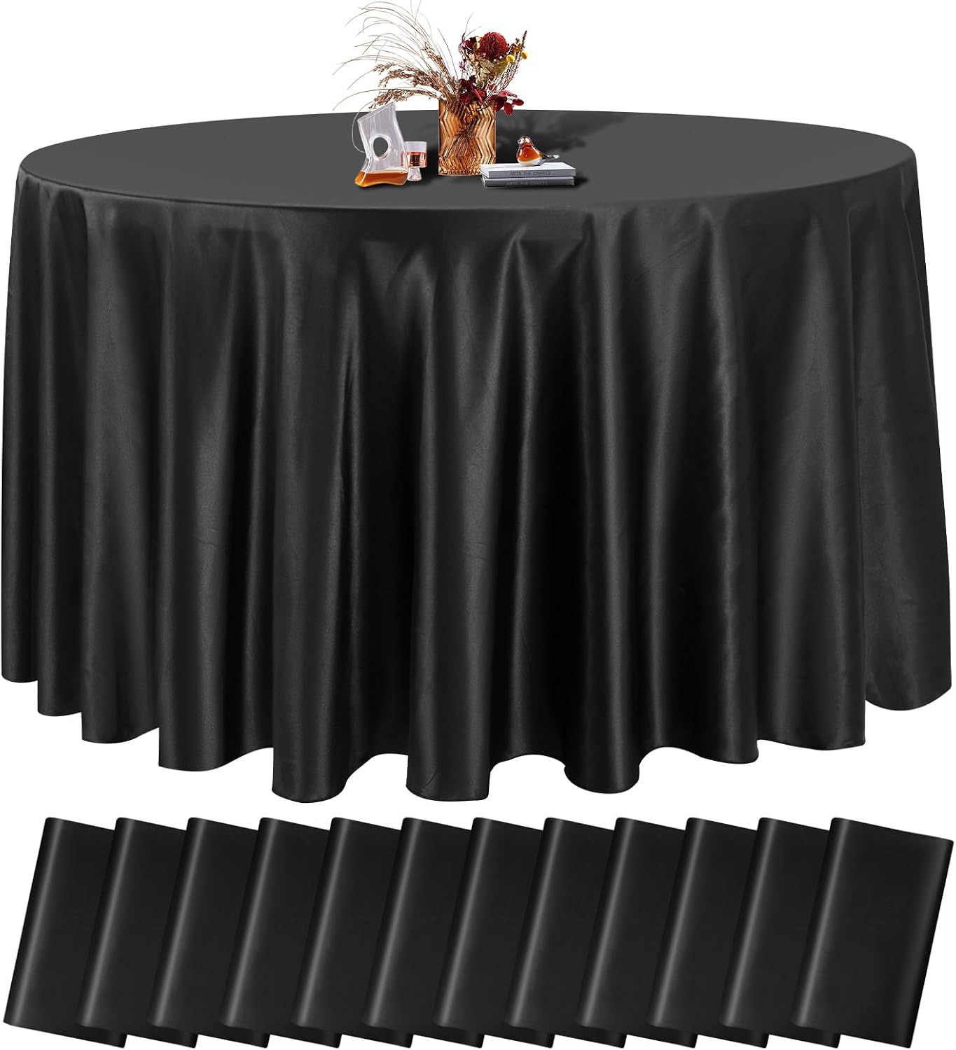 fani 12 Pack 120 Inch Black Satin Tablecloth - Premium Bright Silky Round Tablecloth Overlay Smooth Fabric Table Cover, Table Decoration for Wedding Party Banquet Events Restaurant Kitchen Dining