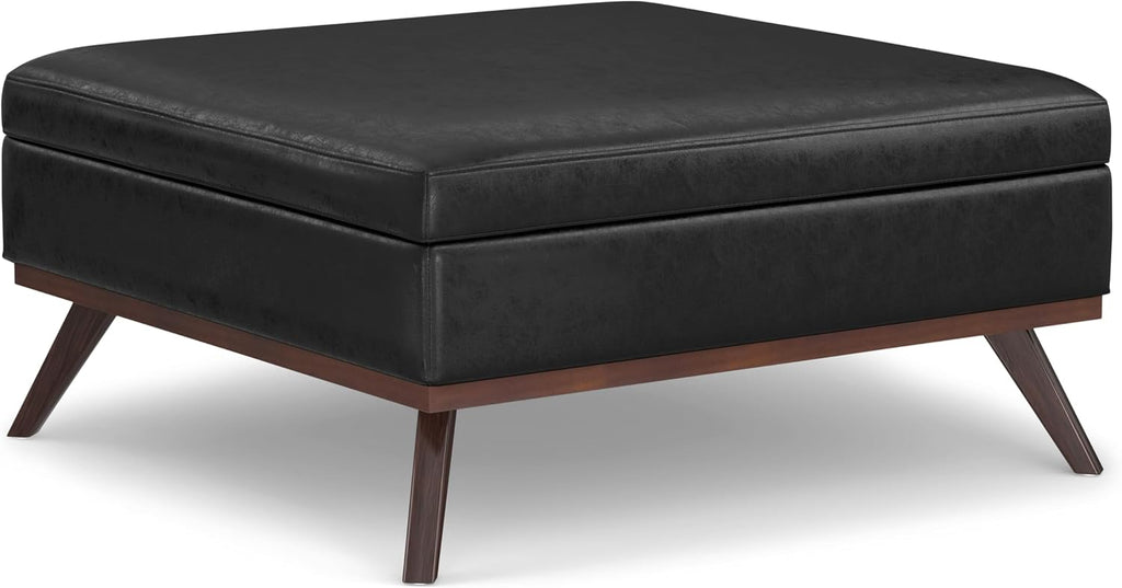 SIMPLIHOME Owen XL Square Coffee Table Storage Ottoman - 40 inch Wide Upholstered Vegan Leather Lift-Top Ottoman in Distressed Black, Mid-Century Modern Ottoman for Living Room with Ample Storage