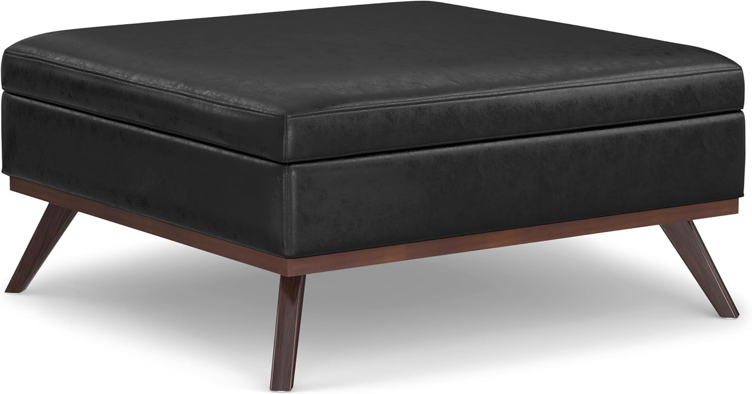 SIMPLIHOME Owen XL Square Coffee Table Storage Ottoman - 40 inch Wide Upholstered Vegan Leather Lift-Top Ottoman in Distressed Black, Mid-Century Modern Ottoman for Living Room with Ample Storage