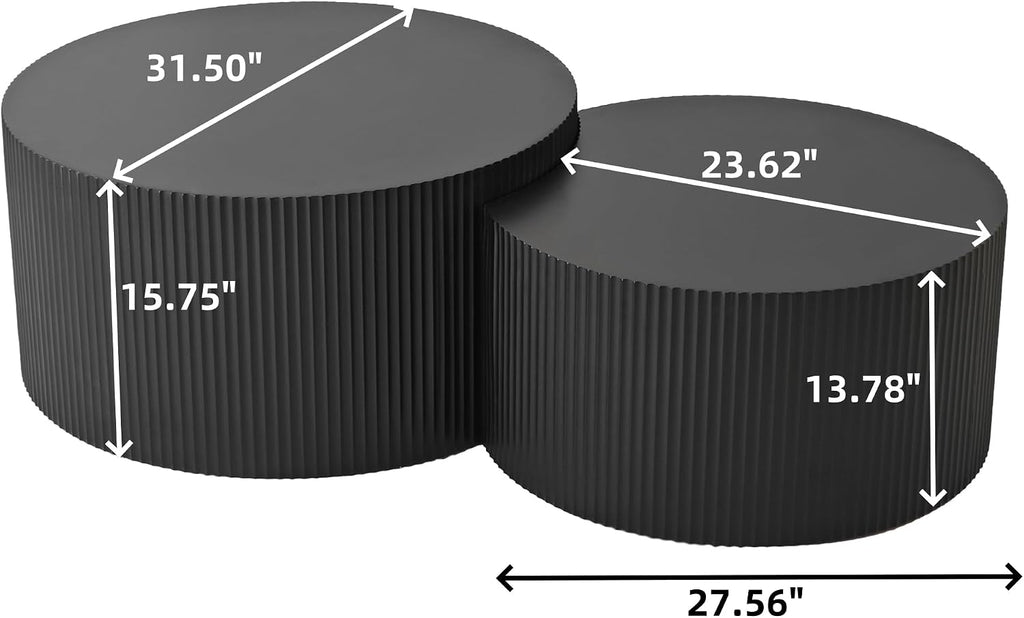 Nesting Coffee Table Set of 2, Modern Drum Side Table End Table, Wave Stripe Round Coffee Table for Living Room, Bedroom, Black-02
