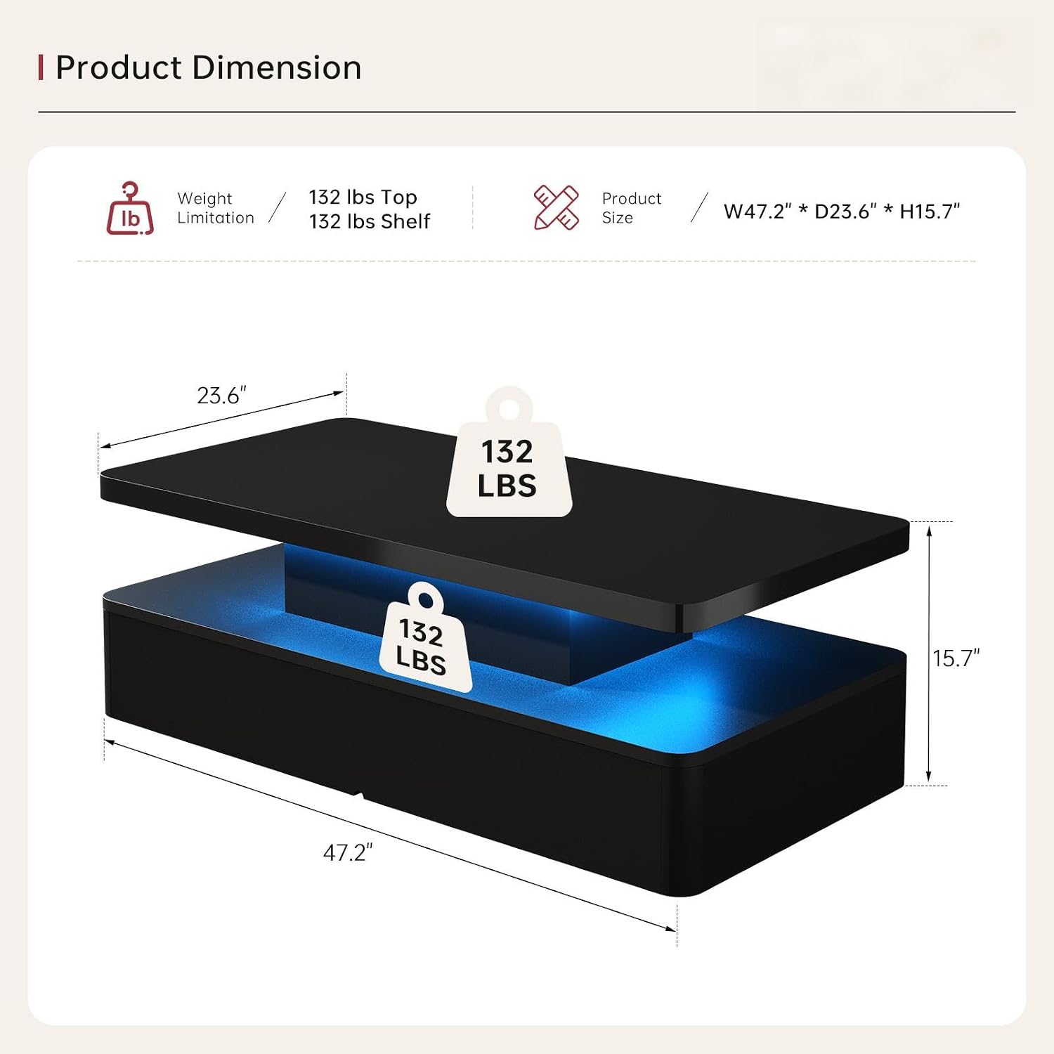 47' Modern Living Room Tables, LED Coffee Table with LED Lights, 2 Tier Rectangular Center Table with Large Storage, High Glossy Surface, Tea Table for Living Room, Black
