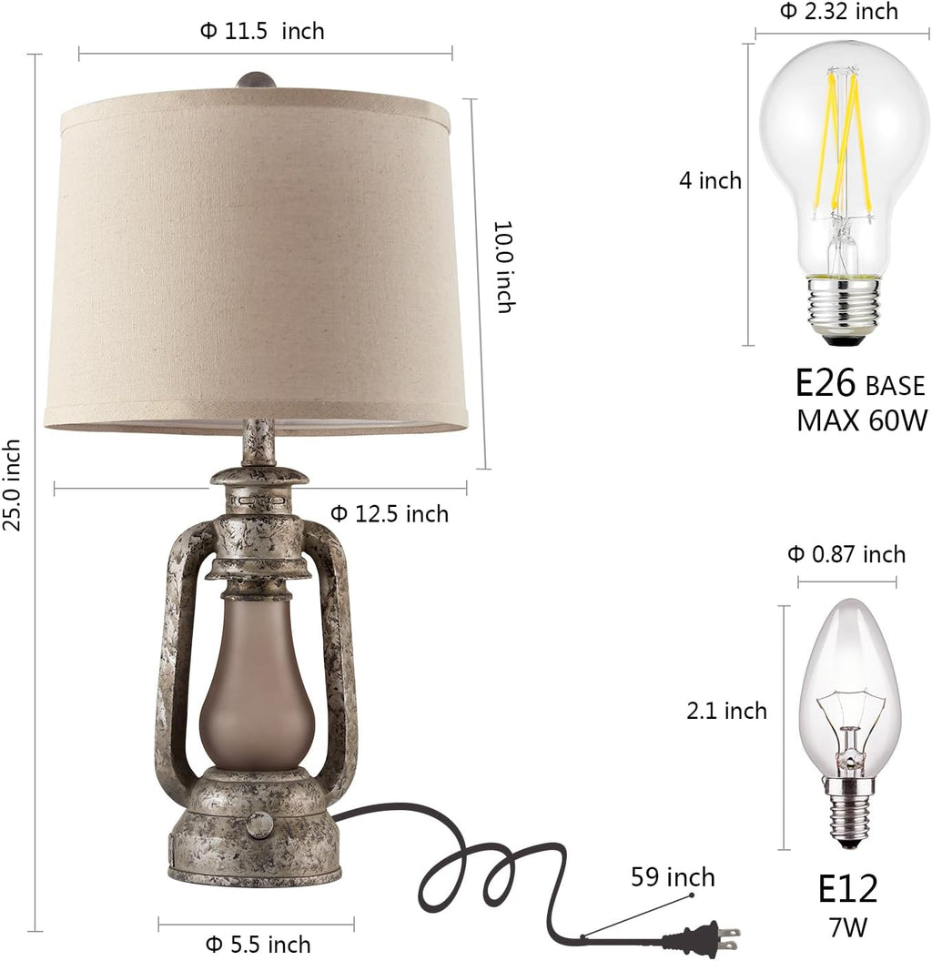 Farmhouse Rustic Table Lamps for Living Room Set of 2,Vintage Lantern Table Lamp with Dual USB Ports, 25' Tall Retro Bedside Lamp for Bedroom Nightstand, 4 Bulb Included (Iron Gray)