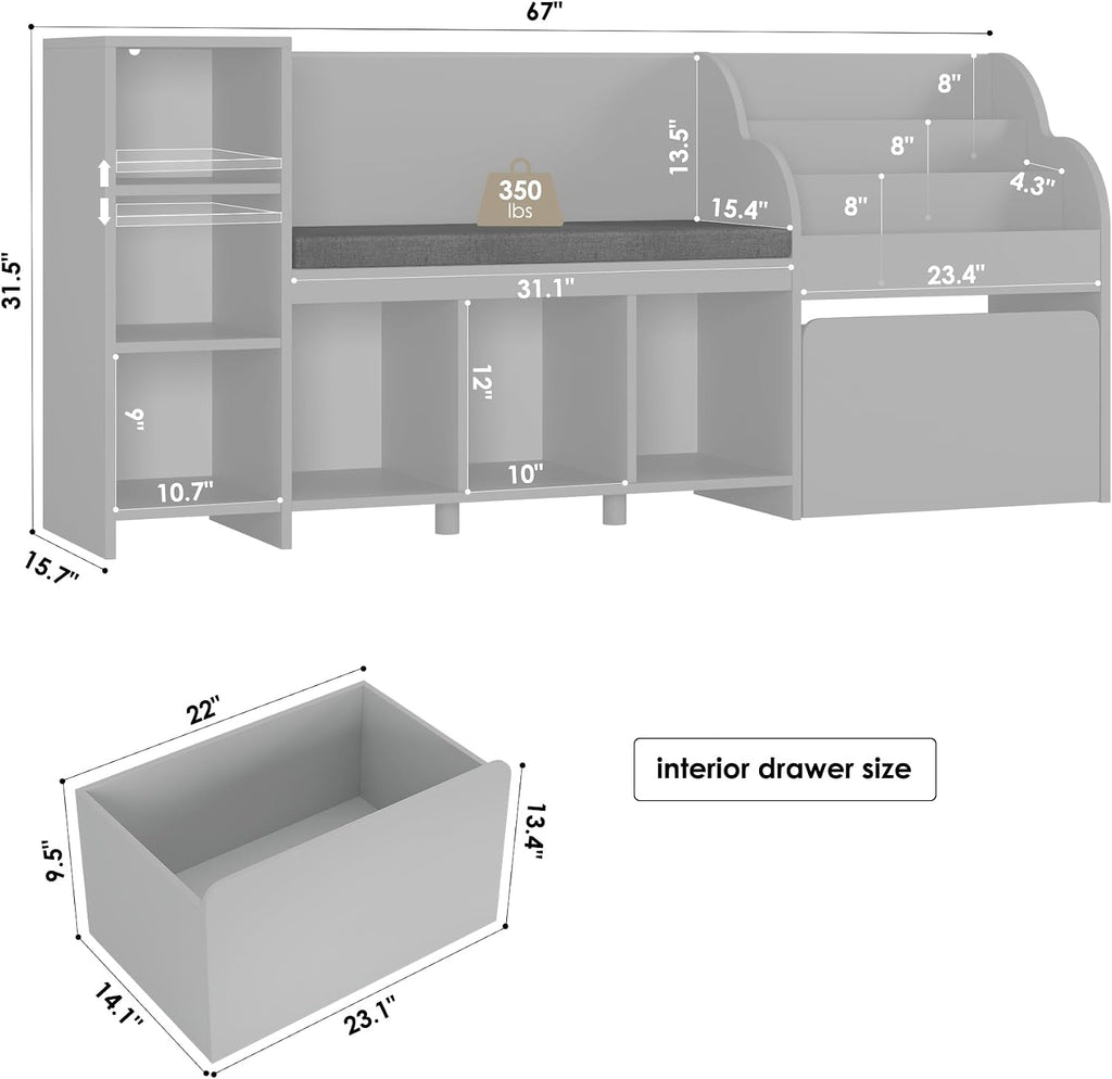 HOSTACK 67' W Kids Reading Nook with Toy Storage Organizer, Large Kids Bookshelf with Toy Storage Box on Wheels, Big Kid Bookcase with Bench and 6 Open Cubbies for Playroom, Kid Room, Grey