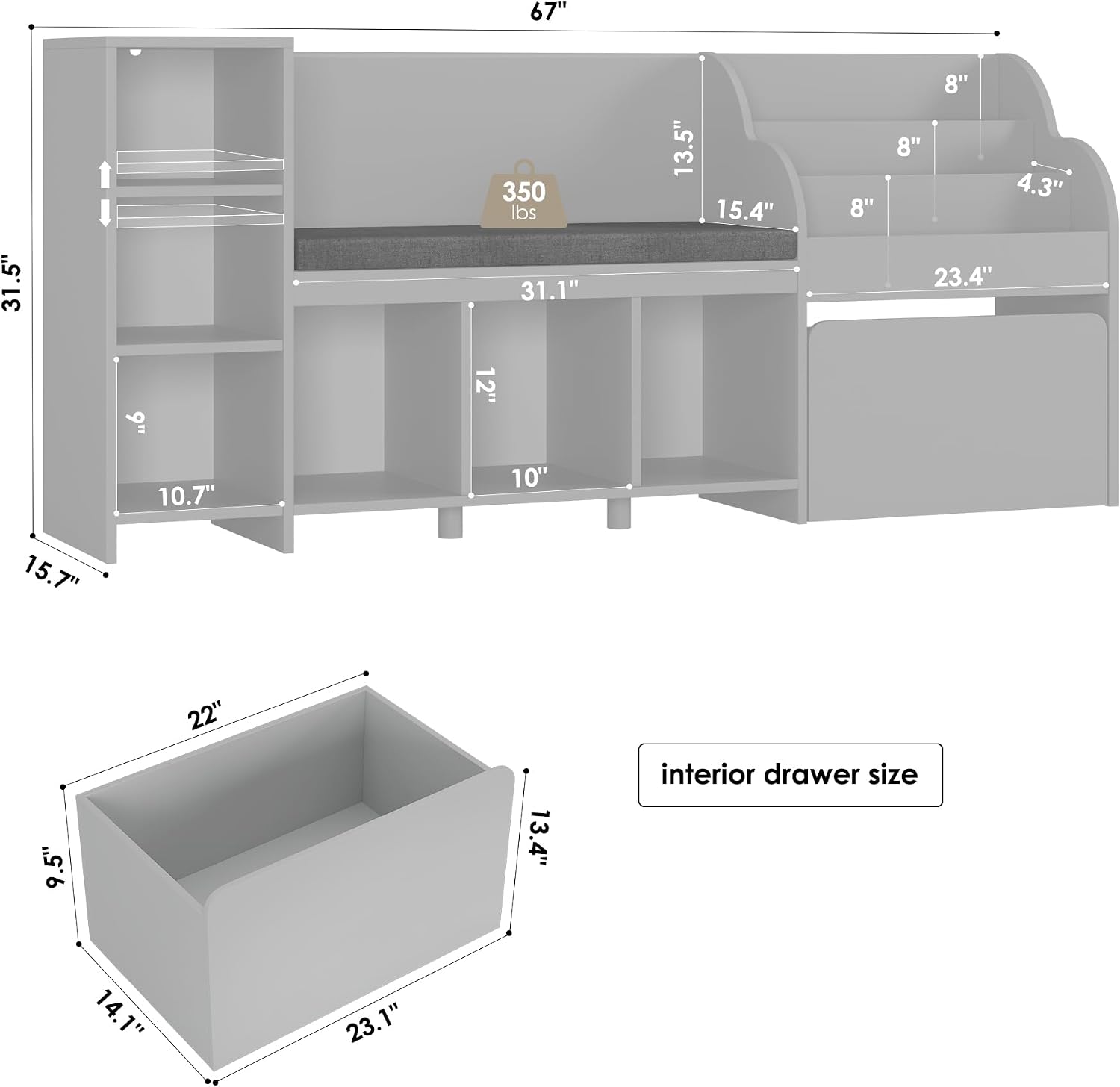 HOSTACK 67' W Kids Reading Nook with Toy Storage Organizer, Large Kids Bookshelf with Toy Storage Box on Wheels, Big Kid Bookcase with Bench and 6 Open Cubbies for Playroom, Kid Room, Grey