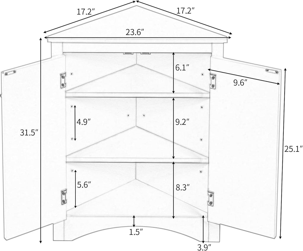 Knocbel 31.5' Height Corner Floor Storage Cabinet with Brushed Nickel Knobs, 2 Doors and Adjustable Shelves, Bathroom Pantry Corridor Free Standing Triangle Organizer Unit (Oak)