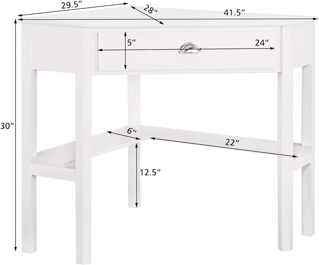 KOTEK Corner Desk with Drawer and Shelves, Wooden Home Office Desk Triangle Computer Desk, Writing Study Desk Computer Workstation, Makeup Vanity Table (White)