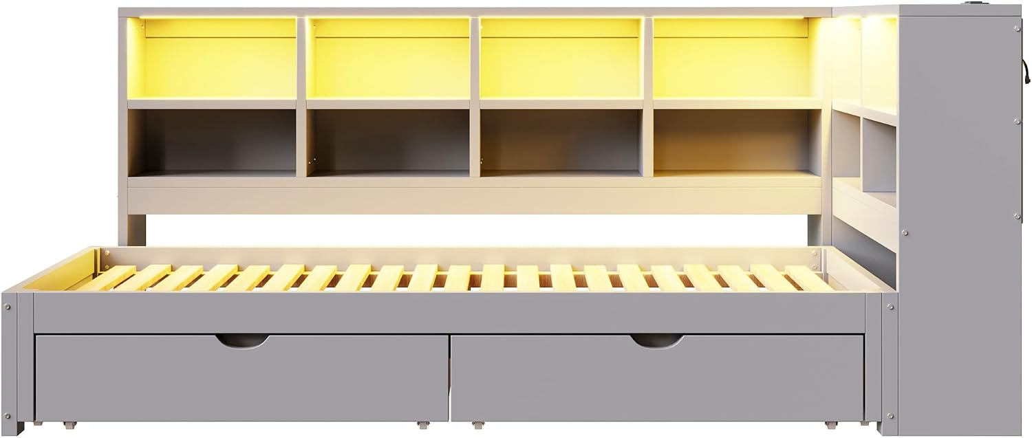 Wood Daybed Twin XL to King Size with 2 Storage Drawers and L-shaped Storage Cabinets, L-Shaped Corner Platform Bed Frame with LED Light and USB Ports for Office Living Room Bedroom (Gray-2.14)