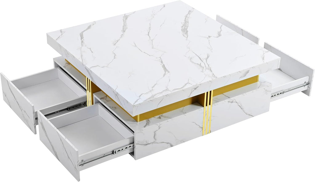 Modern White Square Storage Coffee Table with 4 Drawers for Living Room