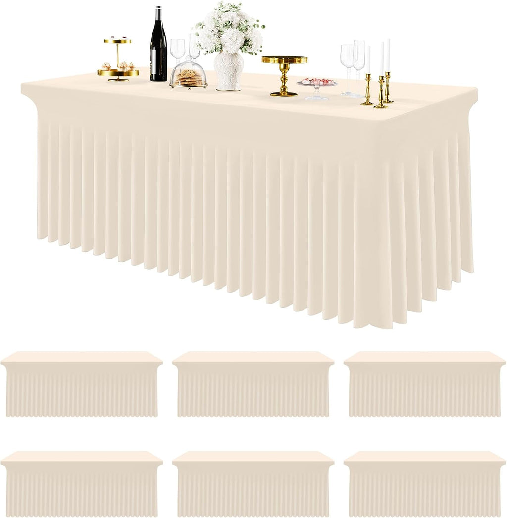 Smiry Spandex Tablecloth 6 Pack, Elastic Fitted Stretch Tablecloth for 8FT Rectangle Tables, Waterproof Washable Table Cover Skirt for Wedding, Banquet & Parties (Beige, 96Lx30Wx30H Inch)