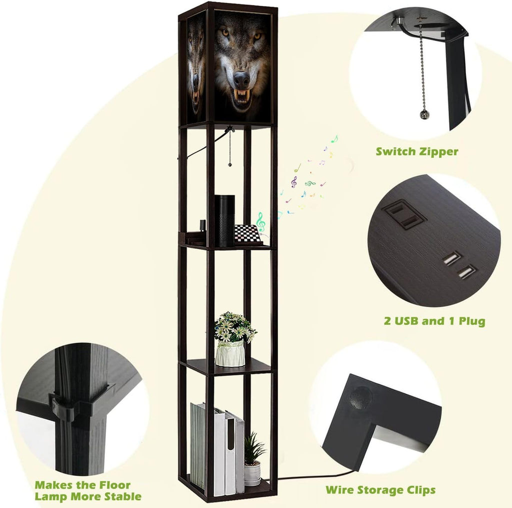 Floor Lamp with Shelves Snarling Eurasian Lupus Lupus Standing Tall Lamp USB Ports & Power Outlet Modern Corner Lamp Nightstand Light for Living Room Bedroom