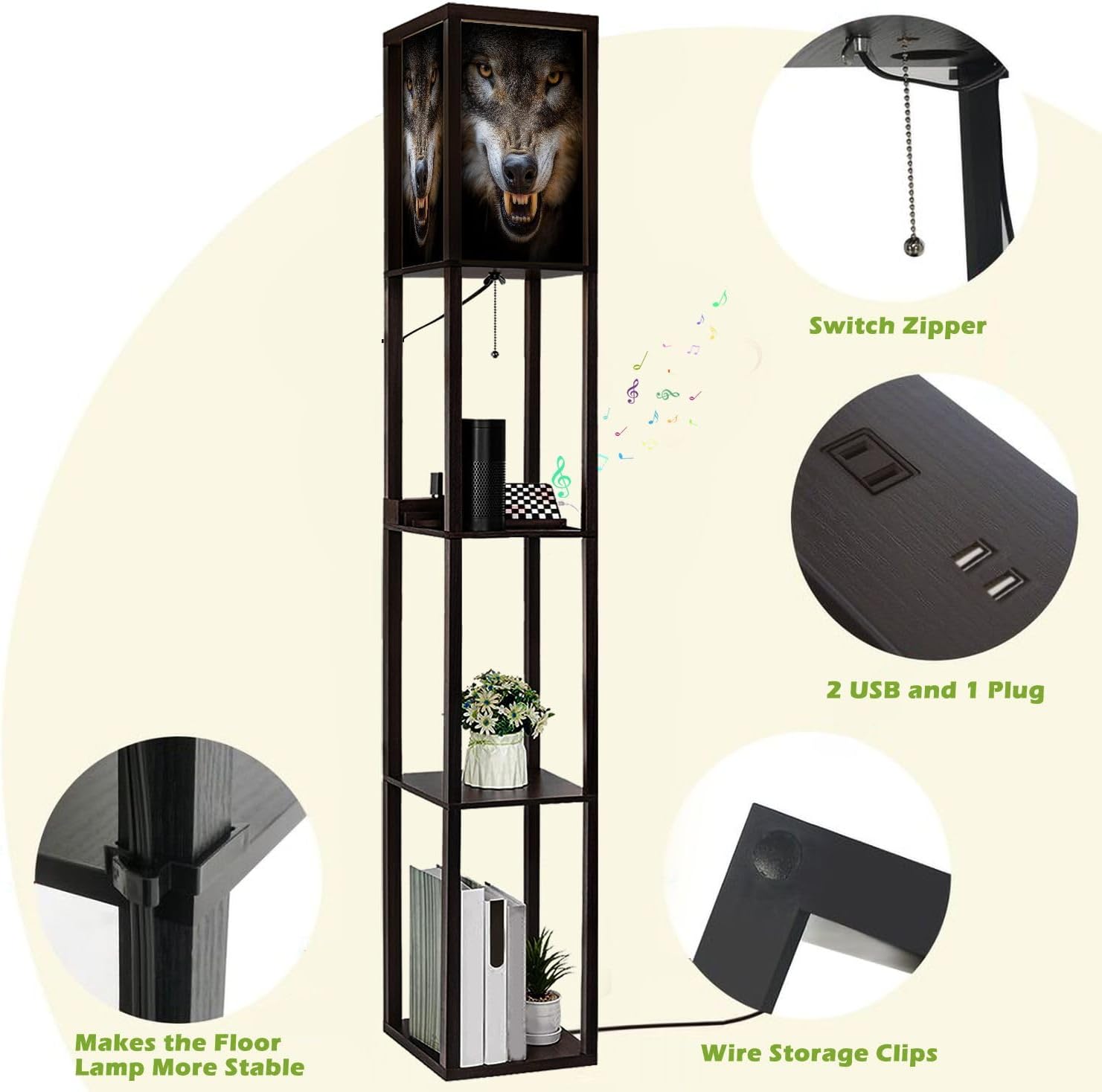 Floor Lamp with Shelves Snarling Eurasian Lupus Lupus Standing Tall Lamp USB Ports & Power Outlet Modern Corner Lamp Nightstand Light for Living Room Bedroom