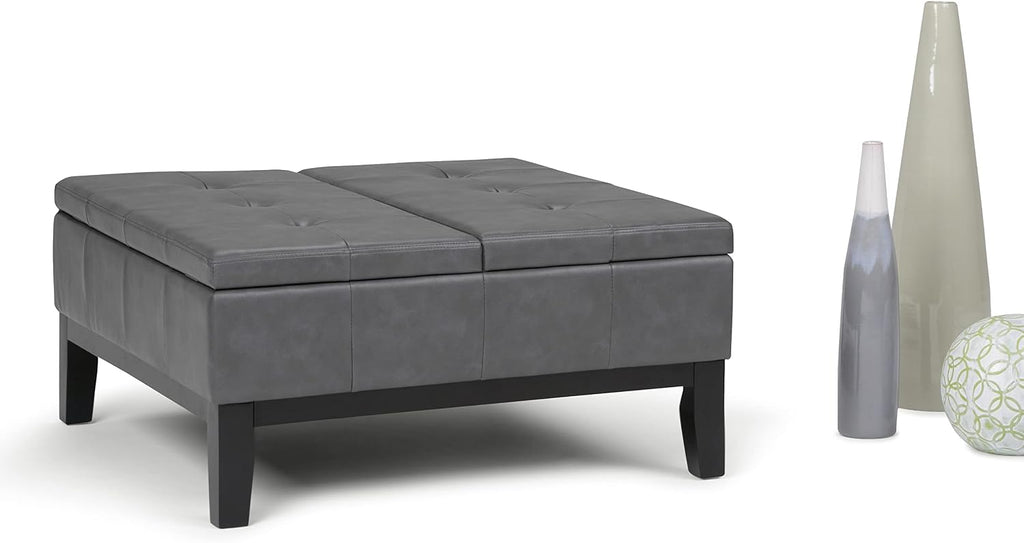 SIMPLIHOME Dover 36 inch Wide Contemporary Square Coffee Table Storage Ottoman in Stone Grey Vegan Faux Leather, Assembled, For the Living Room and Bedroom