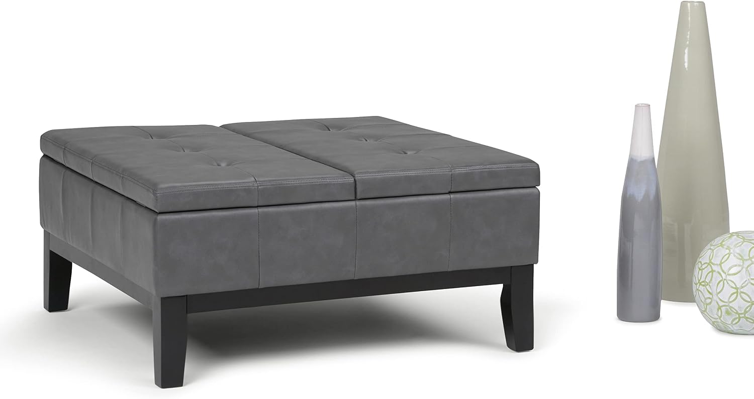SIMPLIHOME Dover 36 inch Wide Contemporary Square Coffee Table Storage Ottoman in Stone Grey Vegan Faux Leather, Assembled, For the Living Room and Bedroom