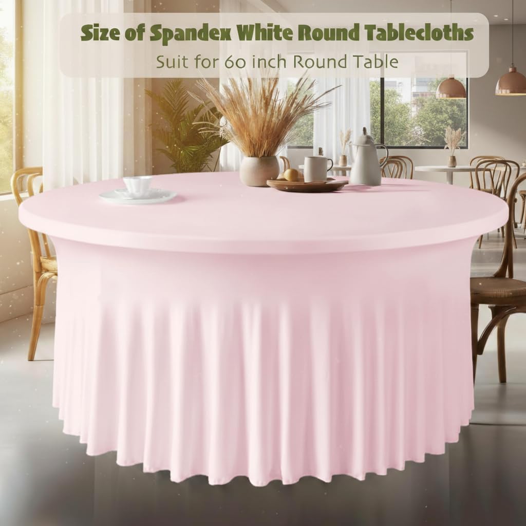 WJWHQ 10 Pack Pink Round Spandex Tablecloths for 60in Tables, 120Inch Stretchy Fitted 5FT Round Table Clothes,Wrinkle Free Table Cover with Skirt for Wedding Party Dining Banquet