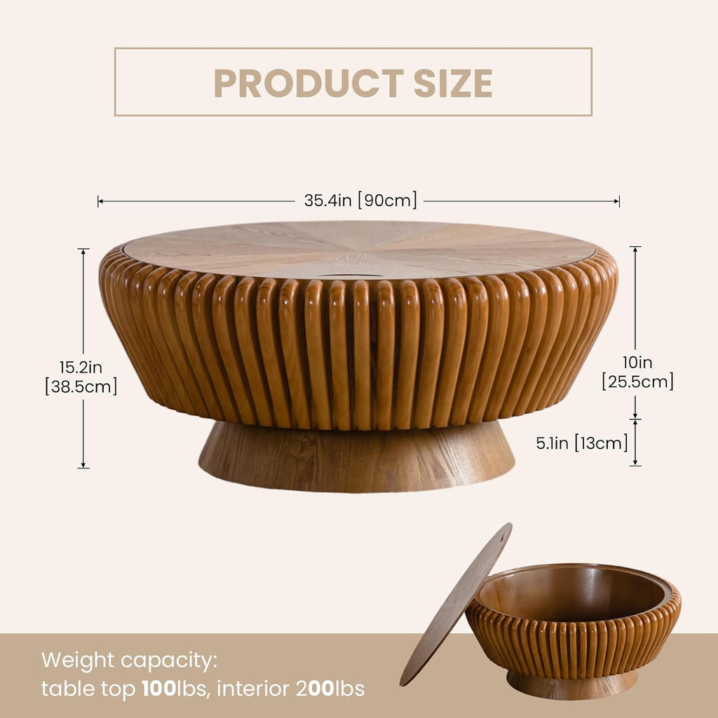 Round Coffee Table with Storage, 35.4' Modern Wooden Drum Coffee Table with Cover, Fluted Circle Center Table, Solid Wood Veneered, Accent Tea Table for Living Room Apartment Small Space (35.4 Brown)